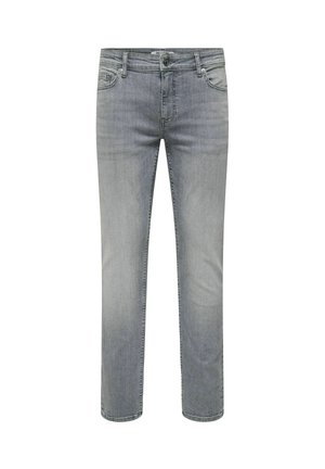 Vaaleanharmaat farkut, joissa on suora lahje, viisi taskua ja nappikiinnitys. Pehmeä rakenne, jossa on hienovaraisia kulutusefektejä.