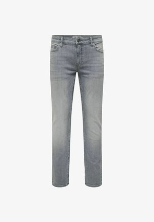 Jeans din denim gri deschis, cu un design drept, cinci buzunare și închidere cu buton. Textură moale cu detalii subtile de decolorare.