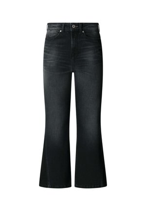 Jean évasé en denim noir à taille haute, présentant un léger délavage, un design classique de poche et des coutures cousues le long des jambes.