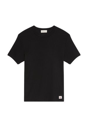 Svart kortermet T-skjorte med rund hals og en liten Calvin Klein-logo nær nederste kant på hvit bakgrunn.