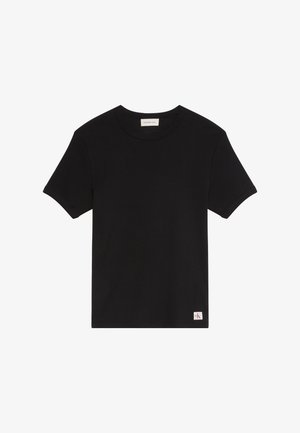Svart kortermet T-skjorte med rund hals og en liten Calvin Klein-logo nær nederste kant på hvit bakgrunn.