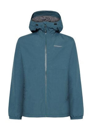 Blaue wasserdichte Jacke mit durchgehendem Reißverschluss, verstellbarer Kapuze, elastischen Bündchen und glatter Textur. Mit dezentem Logo auf der Brust.
