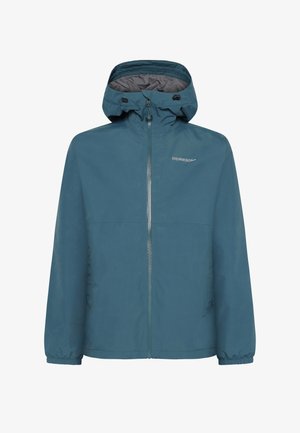 Blaue wasserdichte Jacke mit durchgehendem Reißverschluss, verstellbarer Kapuze, elastischen Bündchen und glatter Textur. Mit dezentem Logo auf der Brust.