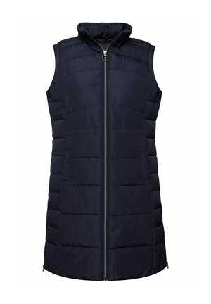 Marineblå quiltet ærmeløs vest med høj krave, frontlynlås og to sidelommer. Har horisontal syning og glat tekstur.