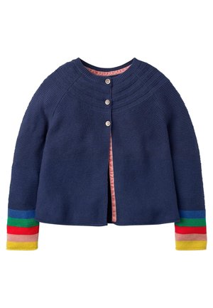 Marineblå strikket cardigan med rund hals, prydet med farverige stribede detaljer på ærmerne og knapper ned foran. Foret med pink.