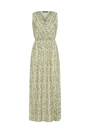 Maxikleid mit V-Ausschnitt, ärmellosem Design, elastischem Bund, in einem grün-beigen abstrakten Blättermuster. Leichte Stoffqualität.
