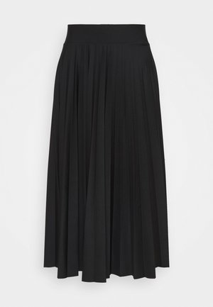 Falda midi negra plisada con una cinturilla ancha, confeccionada en una tela suave. Presenta una silueta fluida y pliegues uniformes en toda la prenda.