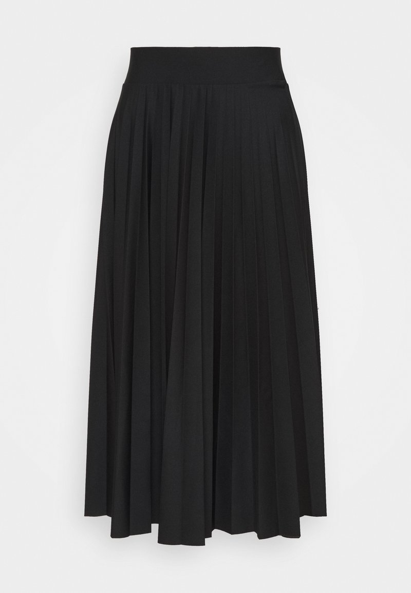 Jupe midi plissée noire avec une large ceinture, confectionnée dans un tissu lisse. Présente une silhouette fluide et des plis uniformes sur toute la surface.