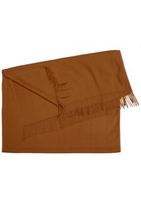 Brown woven scarf with fringed edges, featuring a soft texture and rectangular shape, laid flat in a simple design.