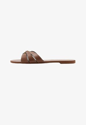 Brown flat slide sandal with two wide leather straps and a small gold buckle detail on a white background.