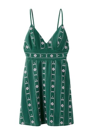 Vestido verde sin mangas con tirantes finos, escote en V y patrones de rayas verticales con flores blancas y rosas.