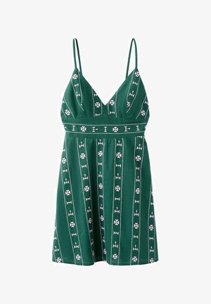 Grünes ärmelloses Kleid mit dünnen Trägern, V-Ausschnitt und vertikalen weißen und rosa floral gestreiften Mustern.