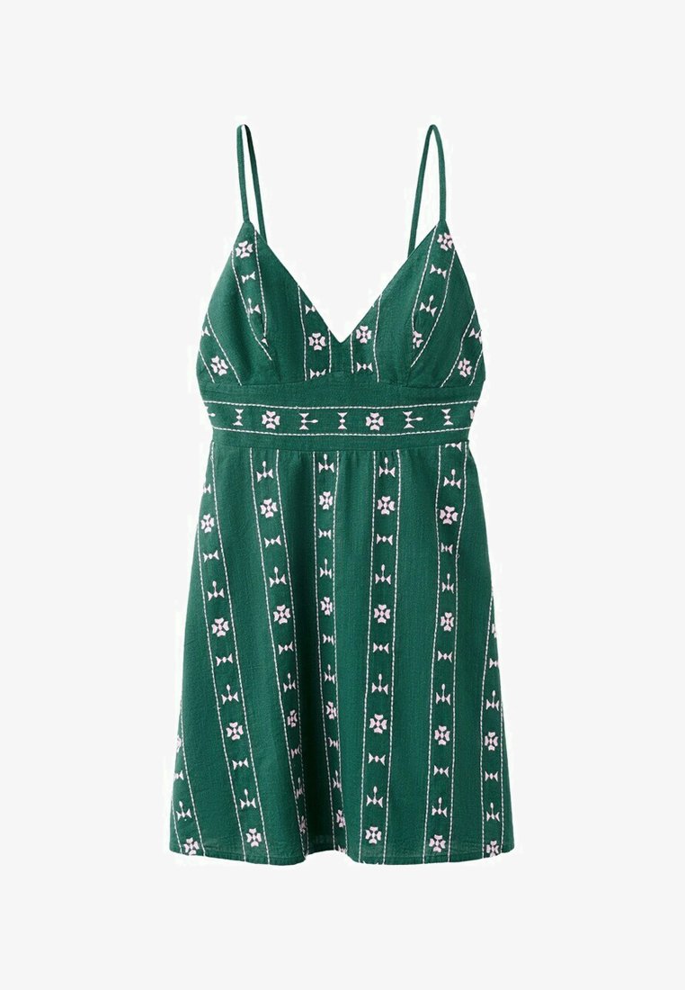 Vestito verde senza maniche con spalline sottili, scollo a V e motivi a strisce verticali floreali bianche e rosa.