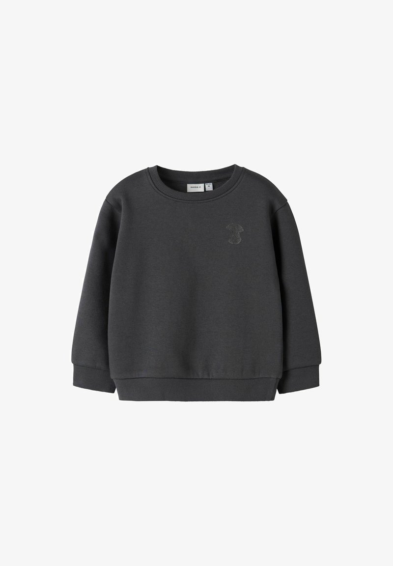 Sweat-shirt pour enfants en jersey gris charbon avec des manches longues, des poignets et un ourlet côtelés, et un subtil détail de broderie sur la poitrine.