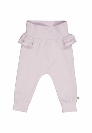 Helle lila Leggings mit hoher Taille, die seitliche Rüschendetails und elastische Bündchen an den Knöcheln aufweisen. Hergestellt aus weichem Stoff.