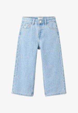 Svetlo modre kavbojke iz jeansa z obliko širokih hlačnic, z diskretnimi srebrnimi okraski in klasičnim slogom s štirimi žepi.