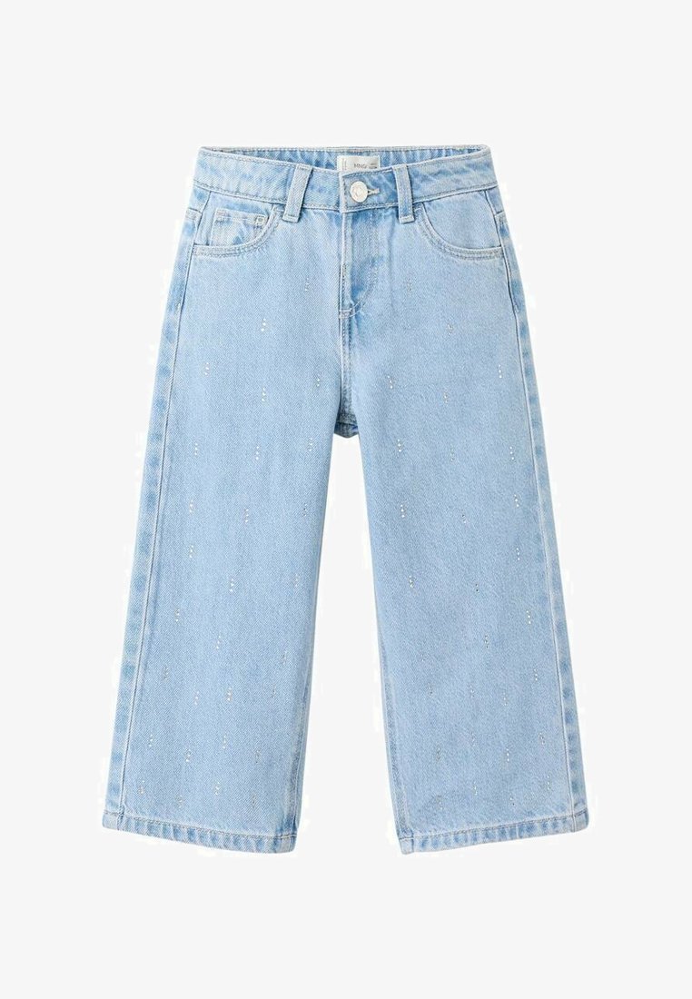 Svetlomodré riflové nohavice s širokými nohavicami, s jemnými striebornými ozdobami a klasickým štvorpásovým štýlom.