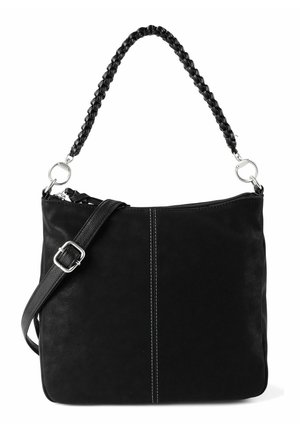 Schwarze Lederhandtasche mit geflochtenem Griff und verstellbarem Schultergurt, silberne Beschläge und sichtbare vertikale Naht auf der Vorderseite.