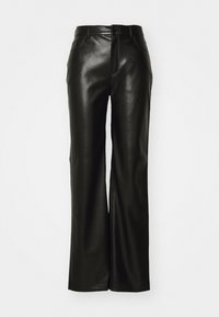 Black faux leather wide-leg pants with a high waist, zip fly, and front pockets. Smooth texture and subtle stitching details.