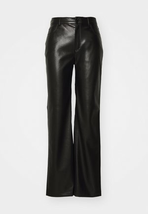 Sorte faux læder vide bukser med høj talje, lynlåsgylpter og forlommer. Glat tekstur og subtile sømdetaljer.