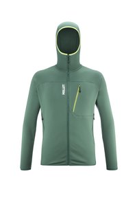 Green fleece jacket with a hood, zippered front, and contrasting yellow accents on the hood and chest pocket, featuring a smooth texture.