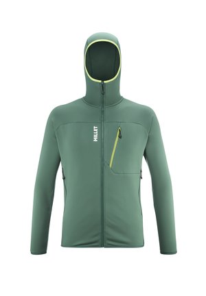 Zielona polarowa kurtka z kapturem, z zamkiem błyskawicznym z przodu i kontrastującymi żółtymi akcentami na kapturze oraz na kieszeni piersiowej, cechująca się gładką teksturą.