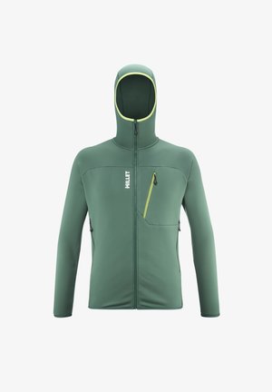 Zielona polarowa kurtka z kapturem, z zamkiem błyskawicznym z przodu i kontrastującymi żółtymi akcentami na kapturze oraz na kieszeni piersiowej, cechująca się gładką teksturą.