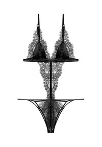 Zwart kanten lingerie bodysuit met driehoekige cups, delicate bloemenkant details en dunne verstelbare bandjes.