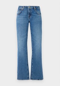 Lys blå denimbukser med flared bein design, med fem lommer, knapp- og glidelås lukking, og subtile slitasjemønstre.