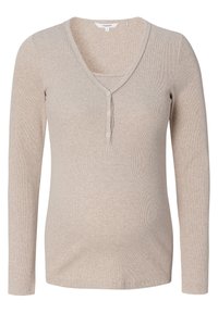Beige lange mouwen top met V-hals, voorzien van een gestructureerd ribbenontwerp en een knoopsluiting met drie knopen. Zachte stof, getailleerde pasvorm, delicate afwerking.