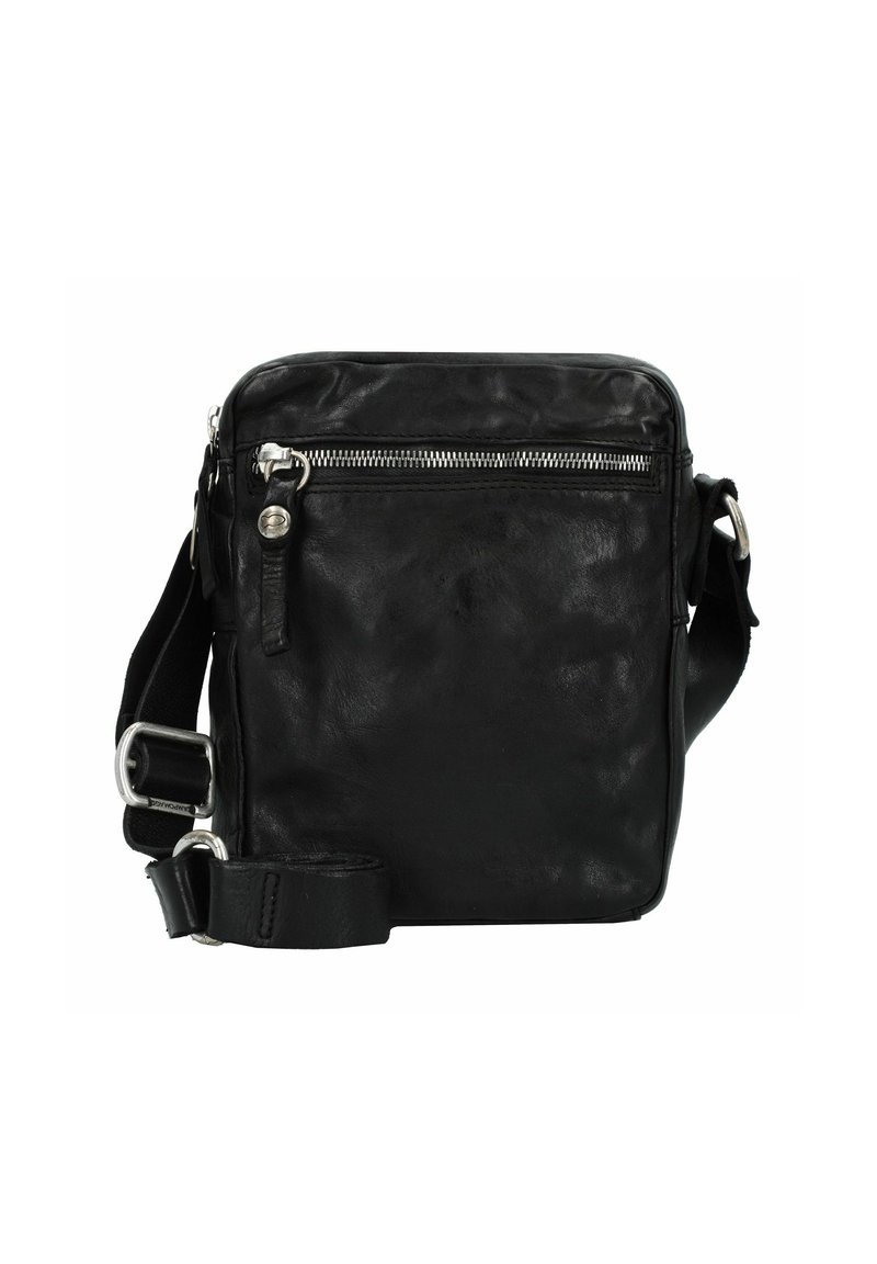Borsa a tracolla nera in pelle con tasca frontale con zip, cinturino regolabile, superficie testurizzata e dettagli in metallo argentato.