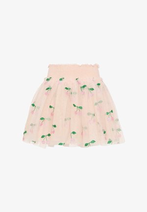 Gonna in tulle rosa chiaro con vita elastica e motivi di ciliegie luccicanti e foglie verdi sparsi sul tessuto.