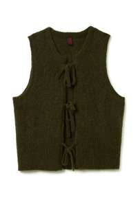 Groene mouwloze vest gemaakt van zachte stof, met een ronde halslijn en drie strikjes aan de voorkant voor sluiting. Ribbelende onderzoom.