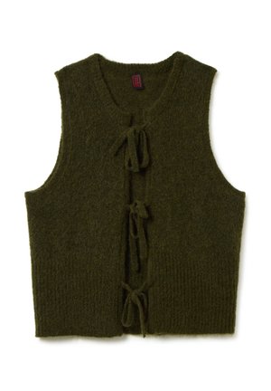 Gilet verde senza maniche realizzato in tessuto morbido, con scollatura rotonda e tre lacci davanti per la chiusura. Orlo inferiore a coste.