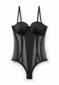 Svart nätkorsett-stil bodysuit med bygelkoppar, justerbara remmar och tryckknappsstängning i botten; har genomskinliga sidopaneler.