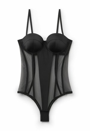 Body en maille noire de style corset avec bonnets à armatures, bretelles ajustables et fermeture à pression en bas ; présente des panneaux latéraux transparents.