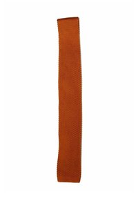 Orange strikket slips med et tekstureret mønster, lang og smal form, der har en ensfarvet overflade og en glat finish i bunden.
