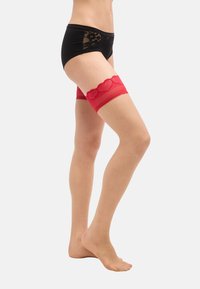 Γυναίκα που φορά μαύρο εσώρουχο με δαντέλα και κόκκινες δαντελωτές κάλτσες μέχρι το μηρό, όρθια στις μύτες των ποδιών μπροστά σε λευκό φόντο.