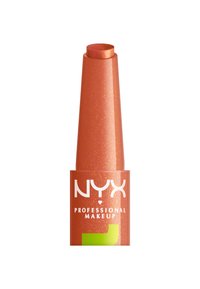 NYX Professional Makeup, produit à lèvres orange avec une finition brillante, forme cylindrique effilée et accent vert à la base.