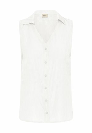 White sleeveless blouse featuring a V-neck, button front, ribbed texture, and a collar. The design is casual and lightweight.