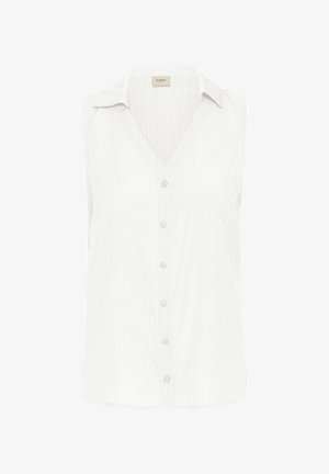 Witte mouwloze blouse met een V-hals, knoopsluiting, geribde textuur en een kraag. Het ontwerp is casual en lichtgewicht.