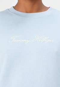 Light blue sweatshirt with a textured pattern, featuring embroidered "Tommy Hilfiger" logo in cream. Crew neck style with ribbed edges.