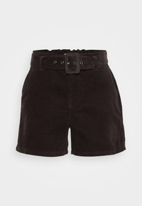 Black corduroy shorts with a belted waist, featuring a textured finish and stitched details on pockets and hem.