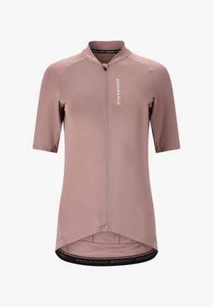 Korte mouwen fietsjersey van gedempt roze stof met een voorkant rits, een gebogen zoom en het "ENDURANCE" logo verticaal gedrukt.