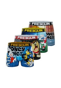 Quatre paires de boxers présentant des personnages des Looney Tunes. Designs de différentes couleurs avec des motifs distincts et des ceintures élastiques.