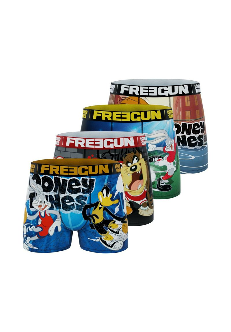 Quatre paires de boxers présentant des personnages des Looney Tunes. Designs de différentes couleurs avec des motifs distincts et des ceintures élastiques.