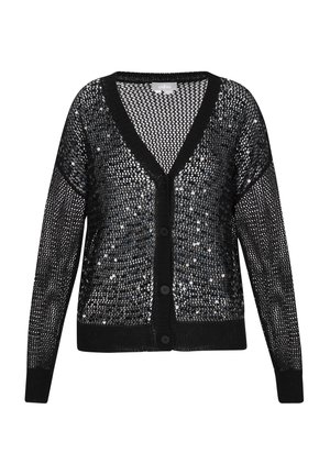 Sort cardigan med V-udskæring, lavet af netstof prydet med perler. Har lange ærmer og knaplukning foran.