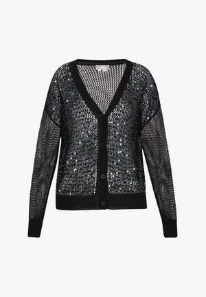 Black cardigan with a V-neck design, made of netted fabric adorned with sequins. Features long sleeves and button closure at the front.