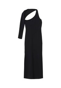 Musta, yhdellä olkapäällä oleva mekko epäsymmetrisellä leikkauksella. Valmistettu sileästä kankaasta, se on vartalonmyötäinen ja siinä on sivuhalkio liikkumisvapauden takaamiseksi.