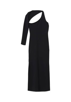 Abito nero monospalla con taglio asimmetrico. Realizzato in un tessuto liscio, presenta una silhouette aderente e una spacco laterale per facilitare il movimento.